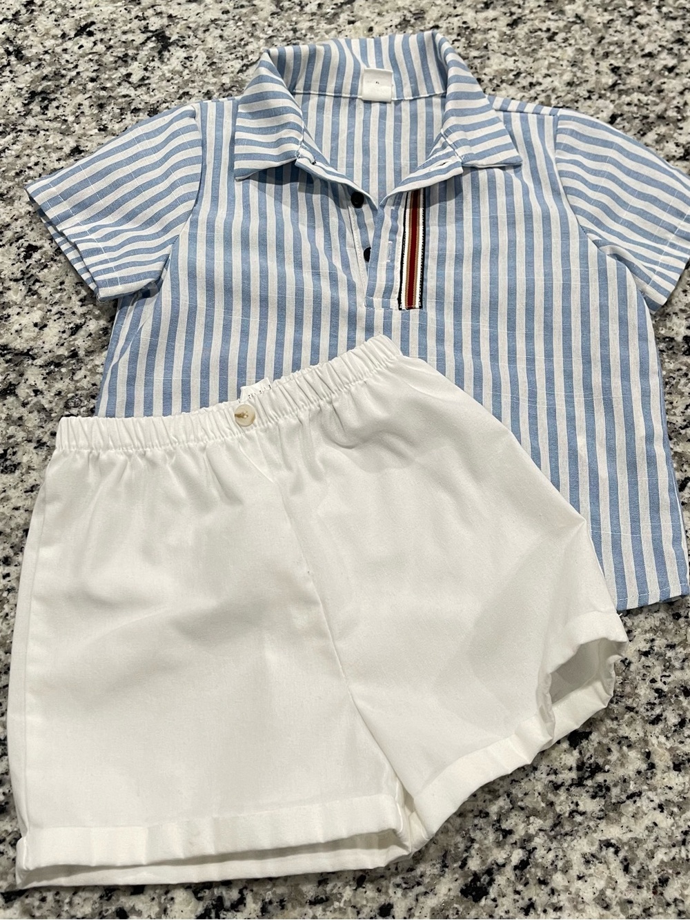 Shein Kids Blue & White Striped Polo Shirt and White Shorts Set Size 2-3Y